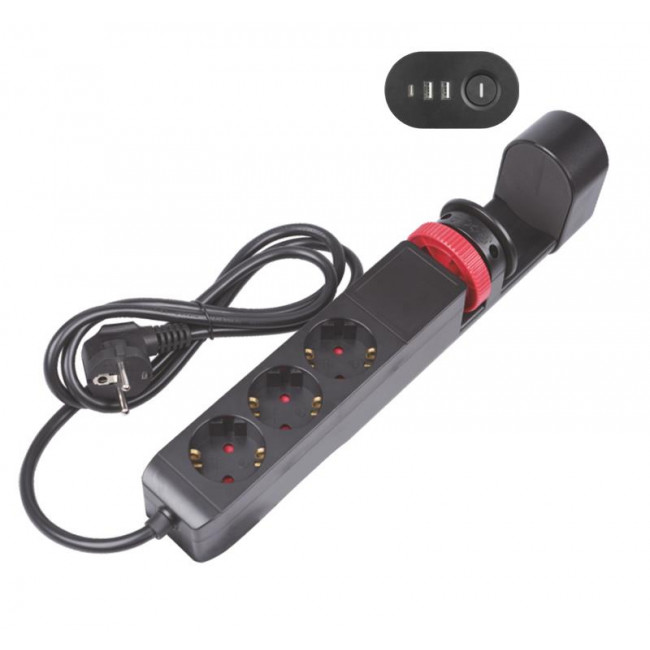 Πολύπριζο Γραφείου 3 Σούκο,3 USB Με Διακόπτη Μαύρο 1,5m 15-31531 ADELEQ
