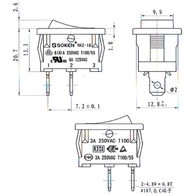 Διακόπτης Rocker ON-OFF Mini Μαύρο 250V RK2-16 SOKEN