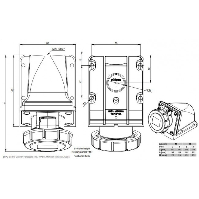Πρίζα Επιτοίχια Θηλυκό 2P 16A 24V IP67 1622v TWIST PC ELECTRIC
