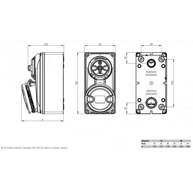 Πρίζα Επιτοίχια Θηλυκό 4P 16A Με Διακόπτη Και Μανδάλωση IP44 6114-6 PC ELECTRIC