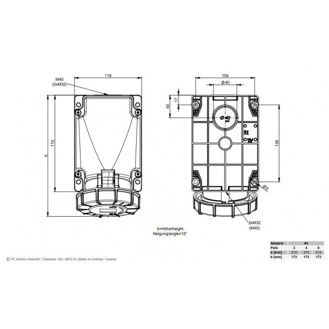 Πρίζα Επιτοίχια Θηλυκό 4P 63A IP67 134-6 POWER TWIST PC ELECTRIC