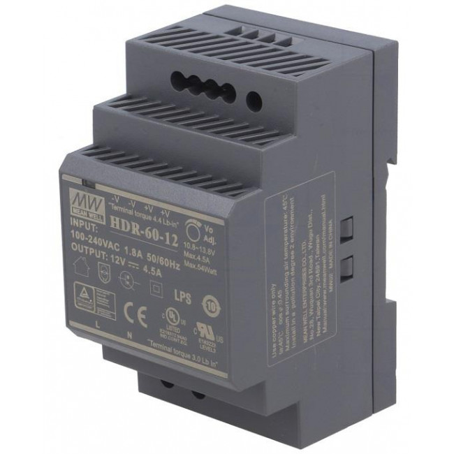 Τροφοδοτικό Ράγας 54W Με Έξοδο 12VDC 4.5A HDR60-12 MEAN WELL