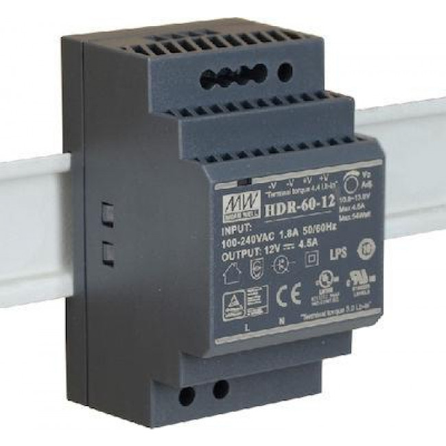 Τροφοδοτικό Ράγας 54W Με Έξοδο 12VDC 4.5A HDR60-12 MEAN WELL