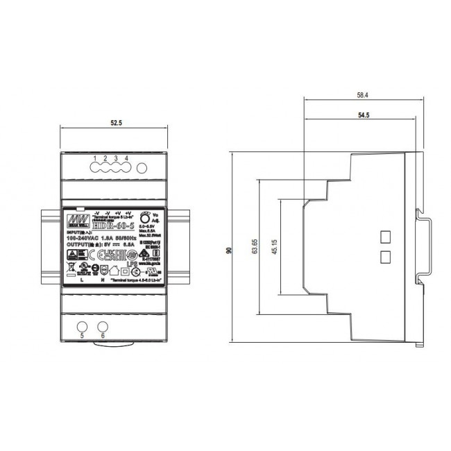 Τροφοδοτικό Ράγας 60W Με Έξοδο 24VDC 2.5A HDR60-24 MEAN WELL