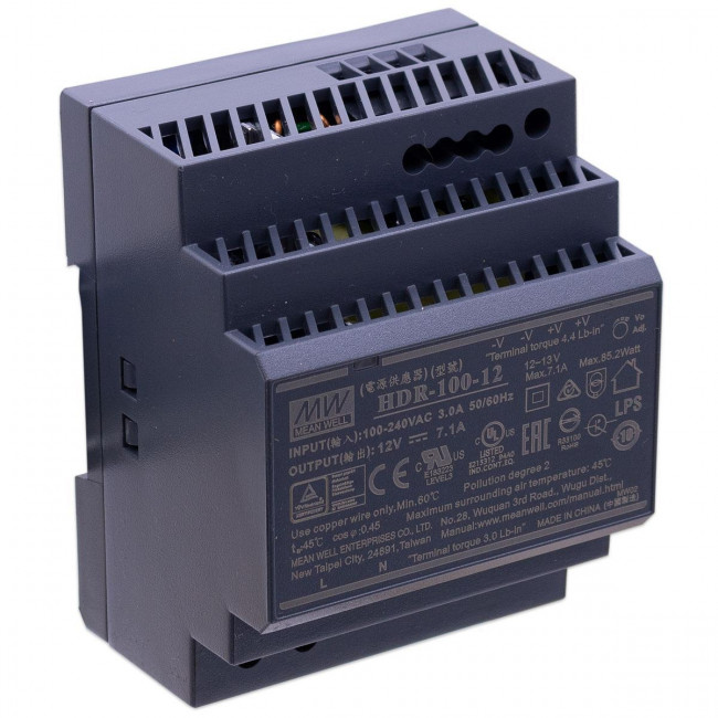 Τροφοδοτικό Ράγας 85.2W Με Έξοδο 12VDC 7.1A HDR100-12 MEAN WELL