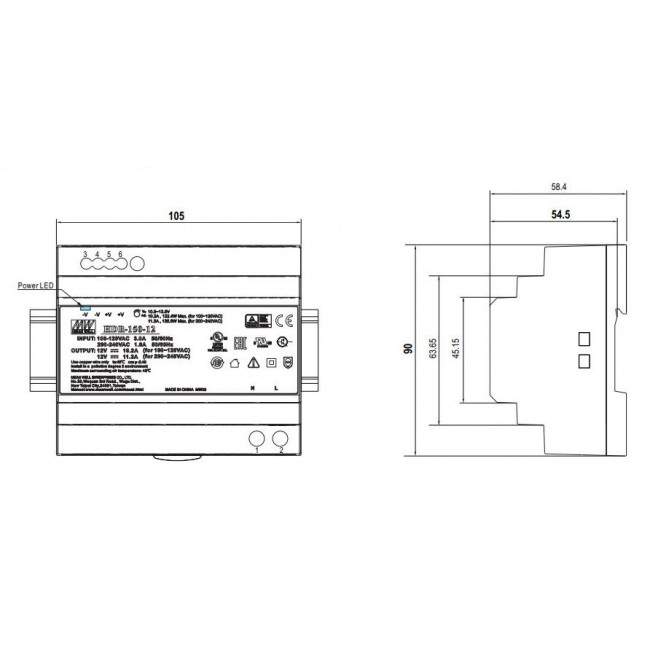 Τροφοδοτικό Ράγας 135.6W Με Έξοδο 12VDC 11.3A HDR150-12 MEAN WELL