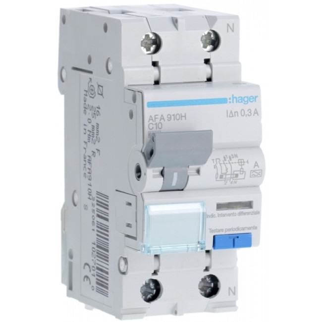 Ρελέ Διαρροής A 2Ρ 300mA Με Αυτόματη Ασφάλεια C 10Α 6kA AFA910H HAGER