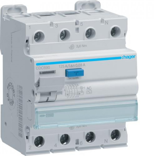 Ρελέ Διαρροής AC 4P 125Α 30mA CDC690 HAGER