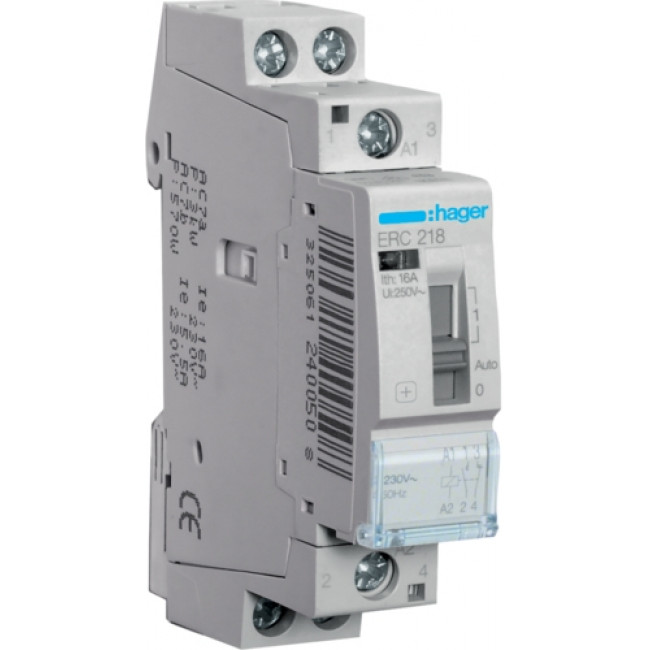 Ρελέ Ισχύος Ράγας 2P 16A 1NO+1NC 230V Με Χειρισμό ERC218 HAGER