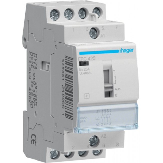 Ρελέ Ισχύος Ράγας 4P 25A 4NO 230VAC Με Χειρισμό ERC425 HAGER
