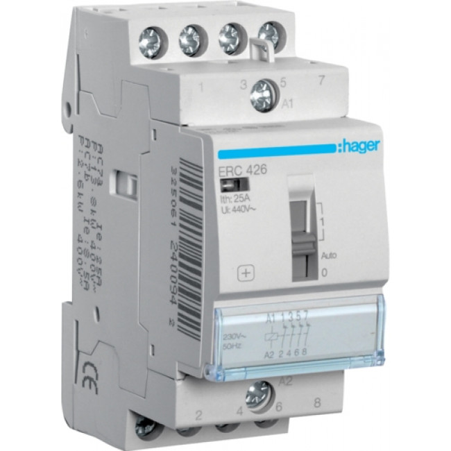 Ρελέ Ισχύος Ράγας 4P 25A 4NC 230VAC Με Χειρισμό ERC426 HAGER