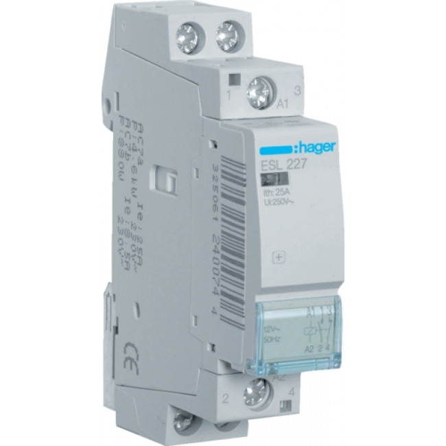Ρελέ Ισχύος Ράγας 2P 25A 1NO+1NC 12VAC ESL227 HAGER