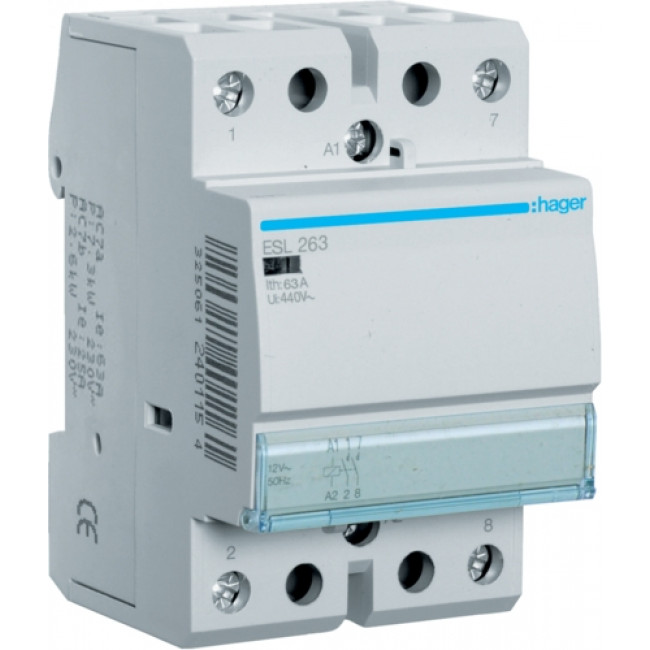 Ρελέ Ισχύος Ράγας 2P 63A 2NO 12VAC ESL263 HAGER