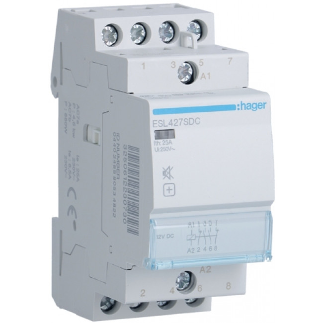 Ρελέ Ισχύος Ράγας 4P 25A 2NO+2NC 12VDC Αθόρυβος ESL427SDC HAGER