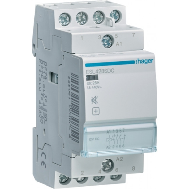 Ρελέ Ισχύος Ράγας 4P 25A 3NO+1NC 12VDC Αθόρυβος ESL428 HAGER