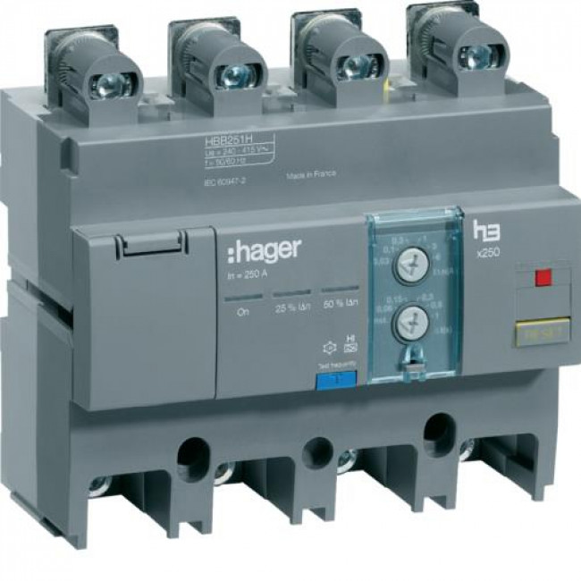 Ηλεκτρονόμος Διαρροής 4P 250A Ρυθμιζόμενο HBB251H HAGER