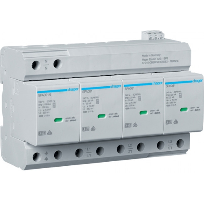 Αντικεραυνικό T1+T2 3P+N 25kA/P Με Αποσπώμενα Φυσίγγια SPA801 HAGER