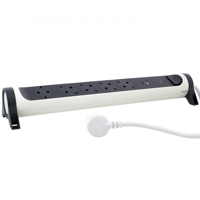 Πολύπριζο 5 Σούκο,2 USB Με Διακόπτη & Προστασία 1,5m Λευκό Και Μαύρο 694510 LEGRAND