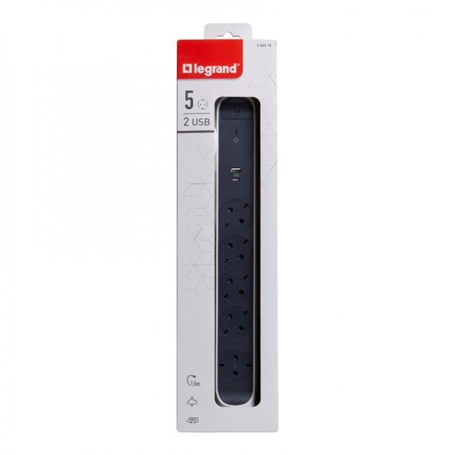 Πολύπριζο 5 Σούκο,2 USB Με Διακόπτη & Προστασία 1,5m Λευκό Και Μαύρο 694510 LEGRAND