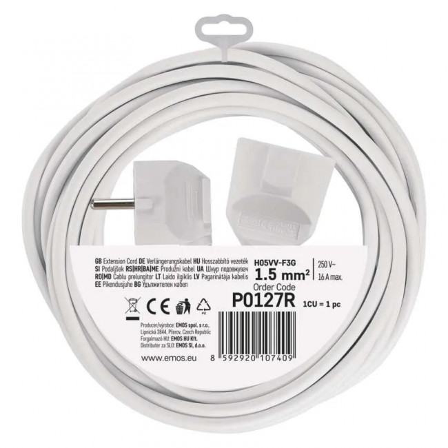 Προέκταση Σούκο 7 Μέτρα Με 3x1.5mm Καλώδιο Λευκό EMOS