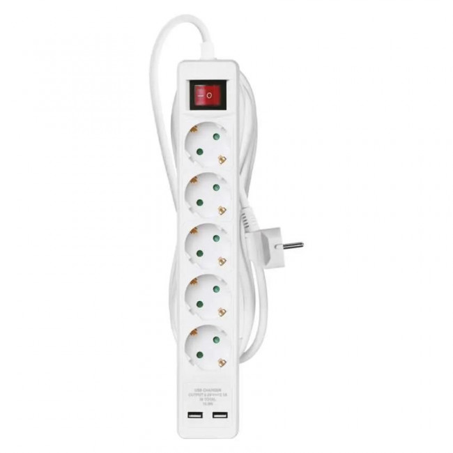 Πολύπριζο 5 Σούκο, 2 USB Με Διακόπτη 3m Λευκό P1523RU EMOS
