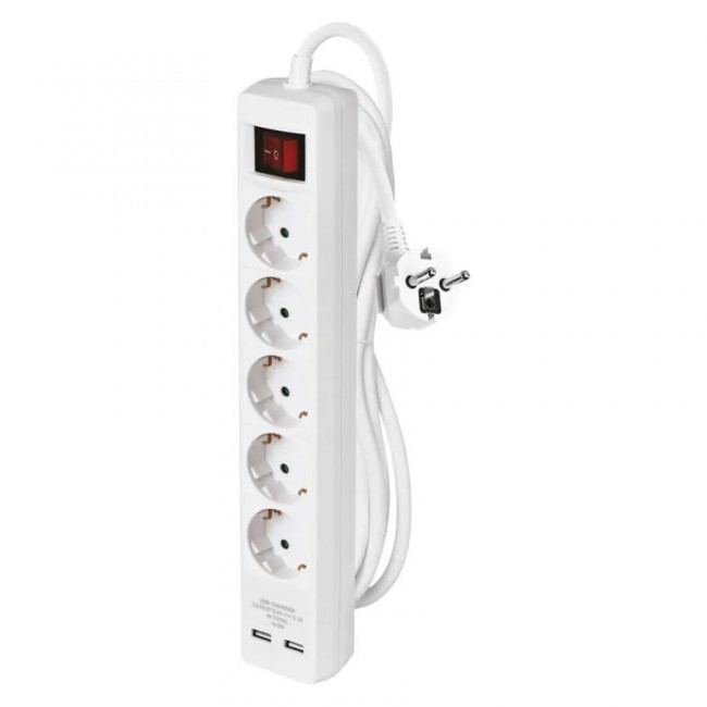 Πολύπριζο 5 Σούκο, 2 USB Με Διακόπτη 3m Λευκό P1523RU EMOS