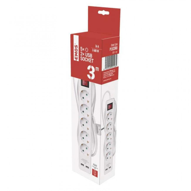 Πολύπριζο 5 Σούκο, 2 USB Με Διακόπτη 3m Λευκό P1523RU EMOS