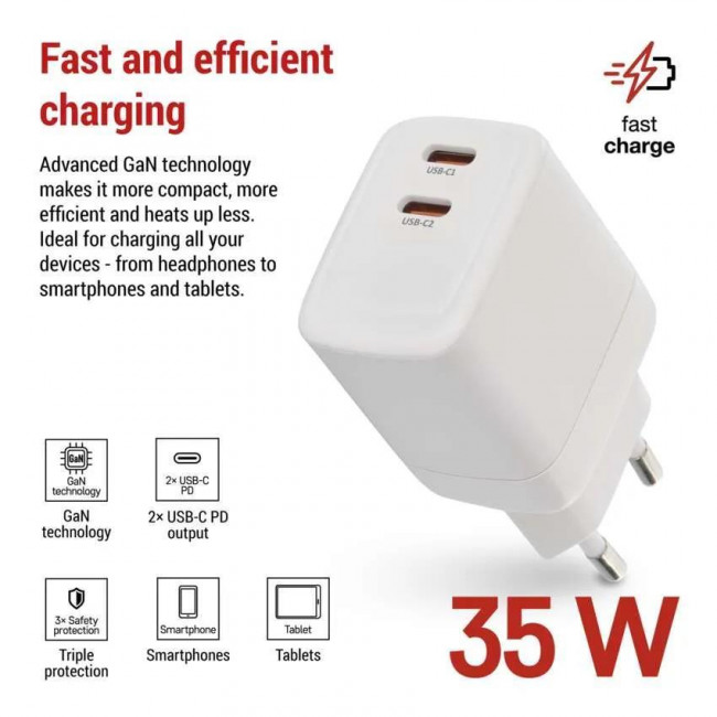 Φορτιστής Τοίχου USB TypeC Δύο Εξόδων 35W Λευκό V03G35 EMOS