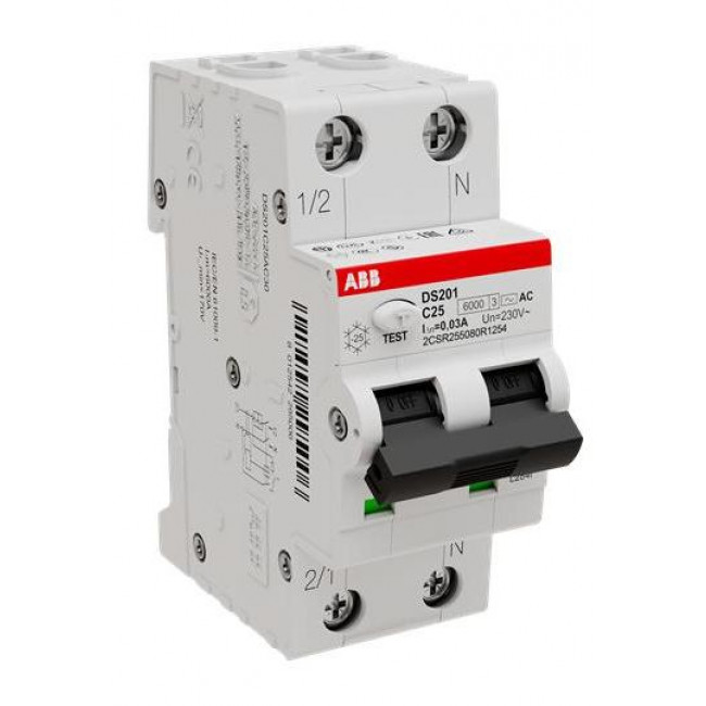Ρελέ Διαρροής AC 2Ρ 30mA Με Αυτόματη Ασφάλεια C 10Α 6kA DSΗ201-C10-AC30 ABB