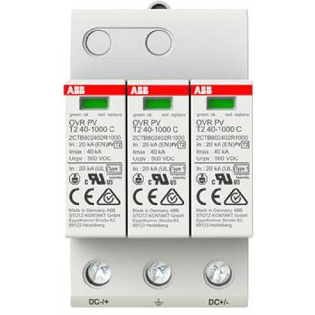 Αντικεραυνικό Φωτοβολταϊκών T2 2P+E 40kA/P Με Αποσπώμενα Φυσίγγια (OVR PV T2 40-1000 P) ABB