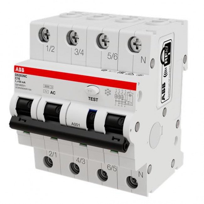 Ρελέ Διαρροής AC 4Ρ 300mA Με Αυτόματη Ασφάλεια C 6Α 6kA DS203NC-C6-AC300 ABB