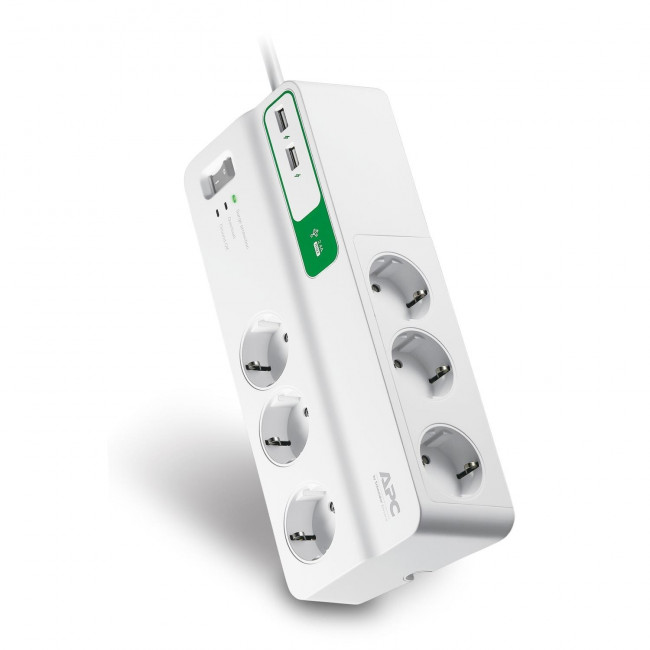 Πολύπριζο 6 Σούκο,2 USB Με Διακόπτη & Προστασία 2m Λευκό PM6U-GR APC