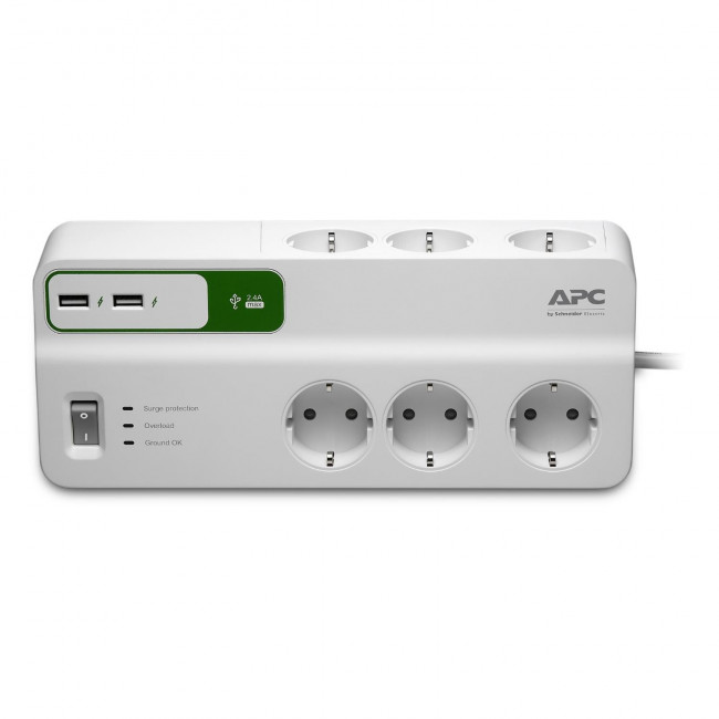 Πολύπριζο 6 Σούκο,2 USB Με Διακόπτη & Προστασία 2m Λευκό PM6U-GR APC