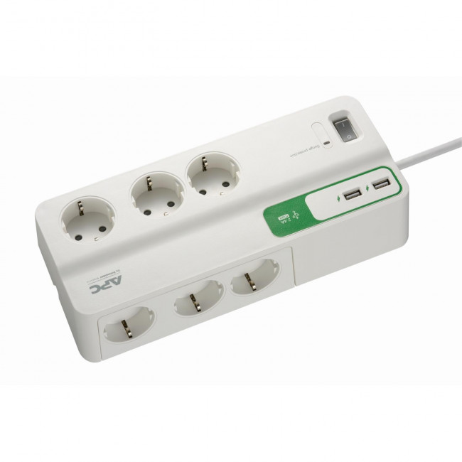 Πολύπριζο 6 Σούκο,2 USB Με Διακόπτη & Προστασία 2m Λευκό PM6U-GR APC