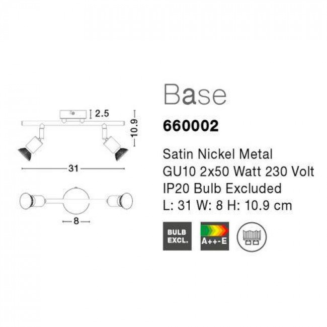 Σποτ Οροφής Δίφωτο GU10 Νικελ Σατινέ Base 660002 NOVA LUCE