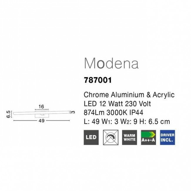 Απλίκα Μπάνιου LED 12W 3000Κ Χρώμιο IP44 Modena 787001 NOVA LUCE