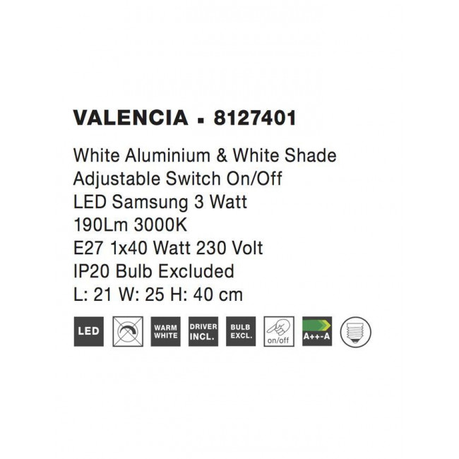 Απλίκα E27 & LED 3W Λευκό Valencia 8127401 NOVA LUCE
