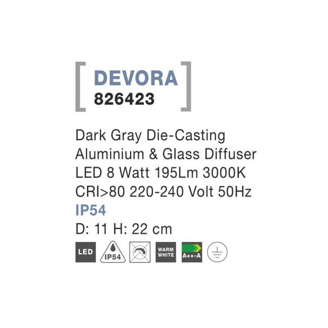 Φωτιστικό Κολώνα LED 8W 3000k Ανθρακi Devora 826423 NOVA LUCE