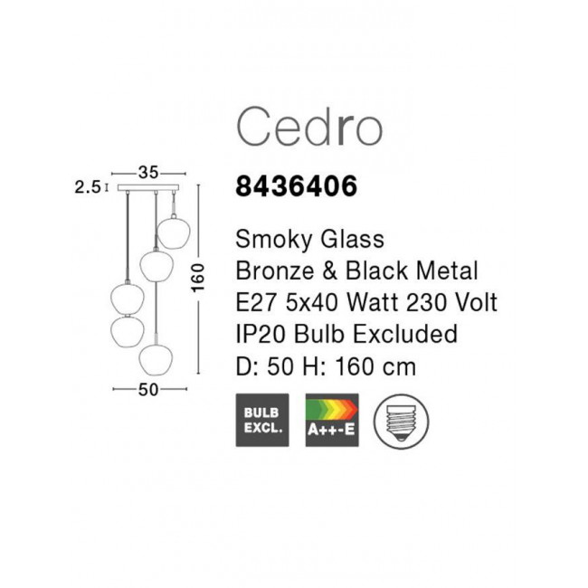 Φωτιστικό Πεντάφωτο E27 Φυμέ Γυαλί Cedro 8436406 NOVA LUCE