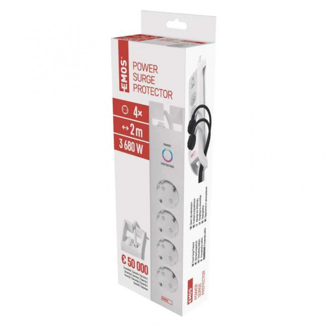 Πολύπριζο 4 Σούκο Με Διακόπτη & Προστασία 2m Λευκό P54212 EMOS