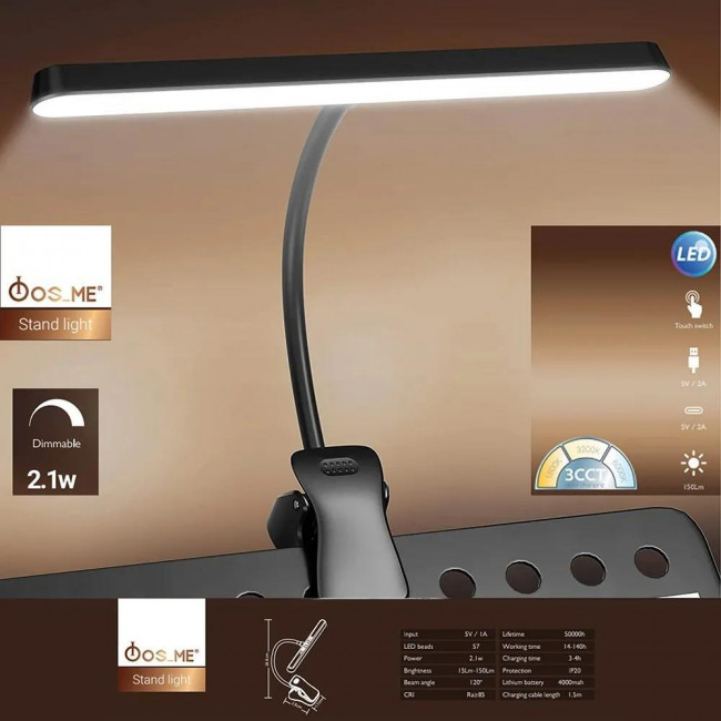Φωτιστικό Γραφείου LED 2.1W 1800-6000K Μαύρο Φορητό 17-00948-2 FOS ME