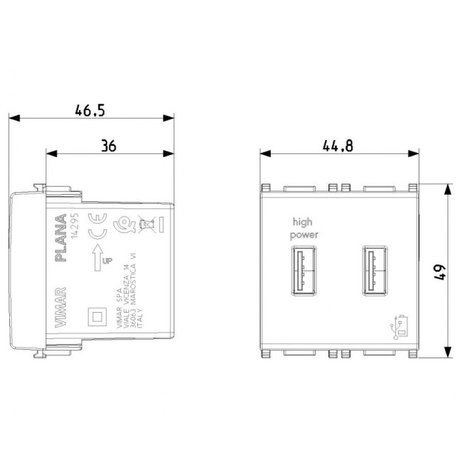 Πρίζα Φόρτισης USB Διπλή TypeA+A 2 Στοιχείων Λευκό Plana 14295 VIMAR