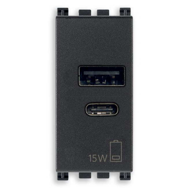 Πρίζα Φόρτισης USB Διπλή TypeA+C 1 Στοιχείου Γκρί Arke 19292.AC.15 VIMAR
