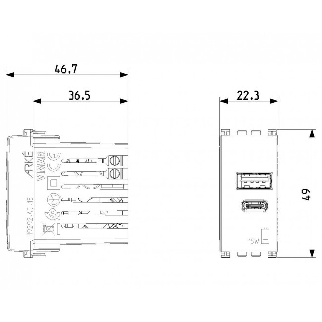 Πρίζα Φόρτισης USB Διπλή TypeA+C 1 Στοιχείου Γκρί Arke 19292.AC.15 VIMAR