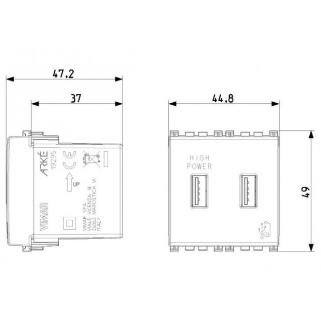Πρίζα Φόρτισης USB Διπλή TypeA+A 2 Στοιχείων Metal Arke 19295.M VIMAR
