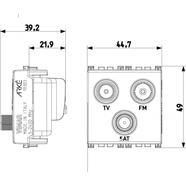 Πρίζα TV-RD-SAT Αστέρας 2 Στοιχείων Λευκό Arke 19303.B VIMAR