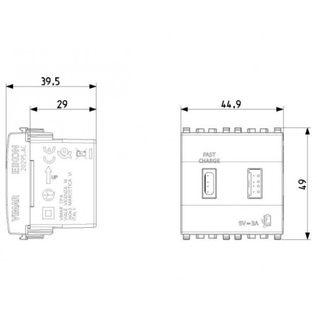 Πρίζα Φόρτισης USB Διπλή TypeA+C 2 Στοιχείων Γκρι Eikon 20295.AC VIMAR