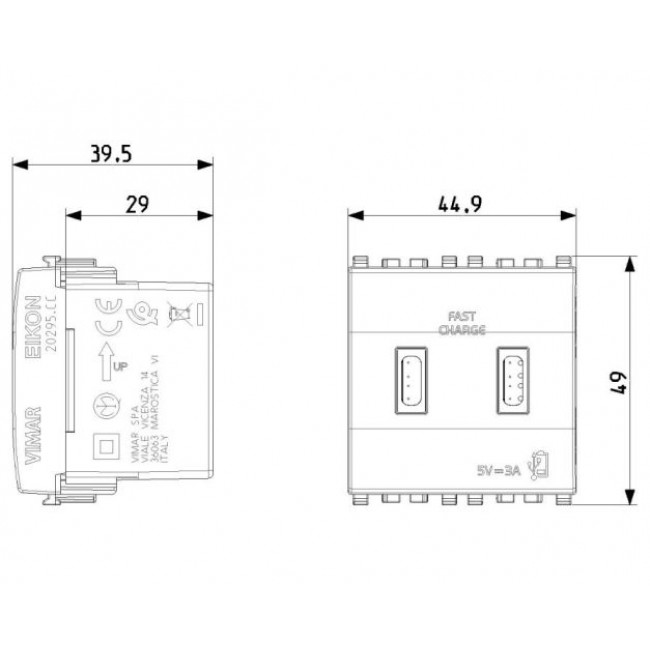 Πρίζα Φόρτισης USB Διπλή TypeC+C 2 Στοιχείων Γκρι Eikon 20295.CC VIMAR