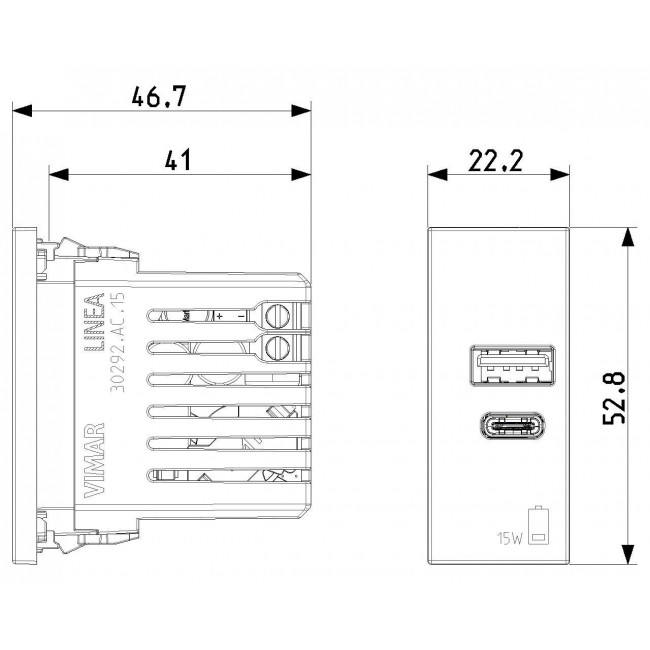 Πρίζα Φόρτισης USB Διπλή TypeA+C 1 Στοιχείου Μαύρο Linea 30292.AC15G VIMAR