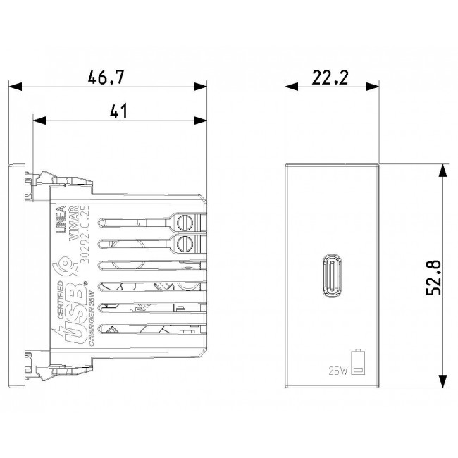 ΠΡΙΖΑ USB ΦΟΡΤΙΣΗΣ 1mod TypeC PD 25W ΛΕΥΚΟ LINEA VIMAR